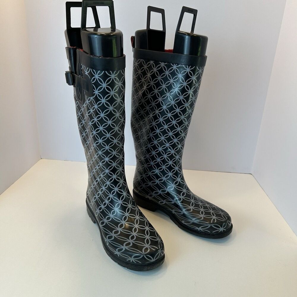 Capelli New Youk Ladies Black Gray Print Tall Rain Boots Size 6